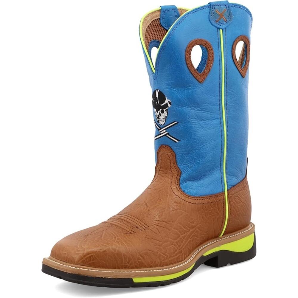 NEW Twisted X Lite Western Steel Toe Work Boots Brown Neon Blue Skull Size 7.5D